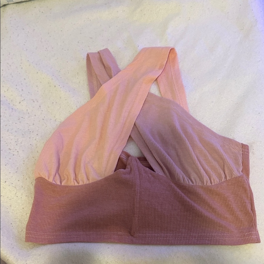 SHEIN Two-Tone Ribbed Cross-Back Crop Bralette in Pink and Dusty Rose